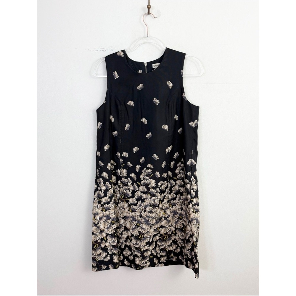 SUNO Floral Border Print Silk Cotton Shift Dress Black Size 8